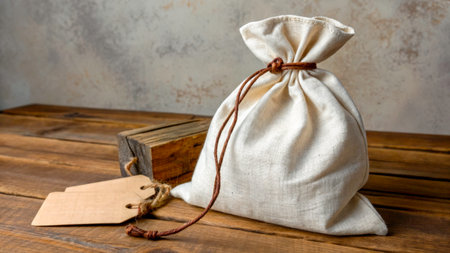 A natural fabric drawstring bag sits on a rustic wooden table next to a small wooden box and blank craft tags, perfect for gift wrapping or organizing items in a charming way.の素材