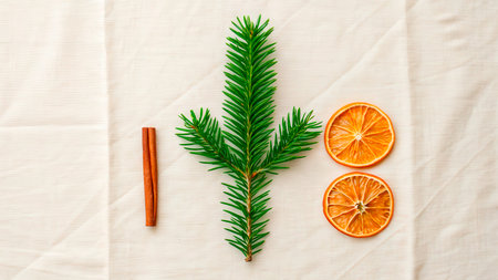A vibrant display features a fresh pine branch alongside slices of dried orange and two cinnamon sticks on a soft, light fabric surface. This setup conveys a holiday ambiance.の素材