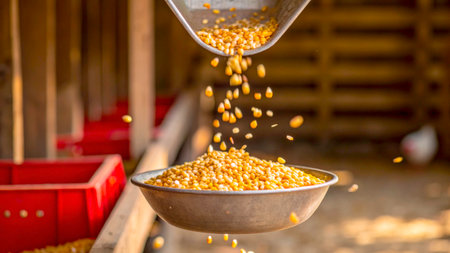 Corn kernels cascade from a metal scoop into a bowl placed on a wooden surface inside a rustic barn. Sunlight filters through, highlighting the yellow grains, enhancing the agricultural atmosphere.の素材