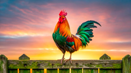A vibrant rooster with shades of red, orange, green, and blue stands on a wooden fence. The sun rises behind it, casting warm colors across the sky in a peaceful rural landscape.の素材