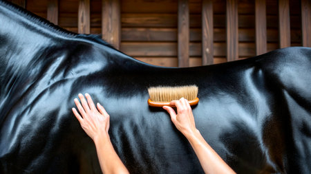 A person is brushing the sleek coat of a black horse inside a wooden stable during the bright midday. The gentle touch shows a bond between the horse and the handler.の素材