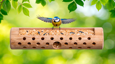 A blue bird with striking colors stretches its wings while perched on a wooden feeder filled with seeds. The vibrant garden backdrop highlights the tranquility of nature in bright daylight.の素材