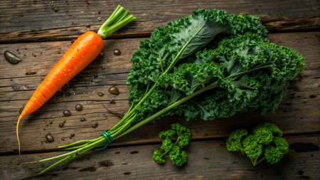 Bright orange carrot rests beside fresh green kale tied with a rubber band, while small parsley leaves are scattered on the rustic wooden surface, creating a vibrant kitchen scene.の素材