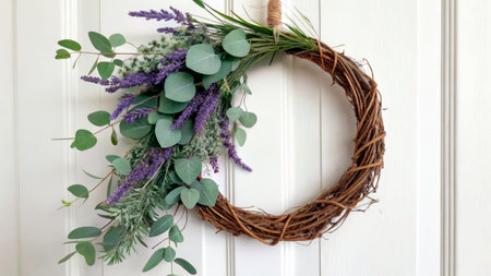 A grapevine wreath adorned with purple lavender and green eucalyptus branches hangs gracefully on a white door, enhancing the entrance with natural beauty and charm.の素材