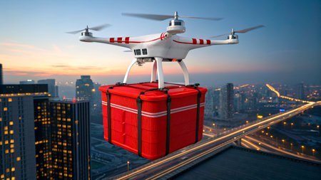 A drone is flying above a busy city, carrying a red package. The skyline features tall buildings and a vibrant sunset, creating a bustling and dynamic atmosphere in the evening sky.の素材