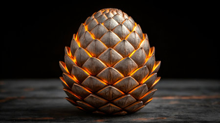 This sculpture of a pine cone stands prominently in a dark environment, glowing with warm light. The intricate details highlight its unique shape and texture, capturing attention and wonder.の素材