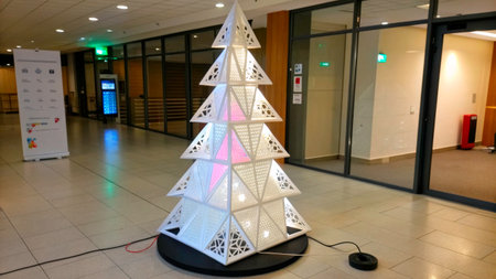 A striking white Christmas tree made of geometric shapes stands in a well-lit indoor space. Colorful lights shine through the design, creating a festive atmosphere during the holiday season.の素材