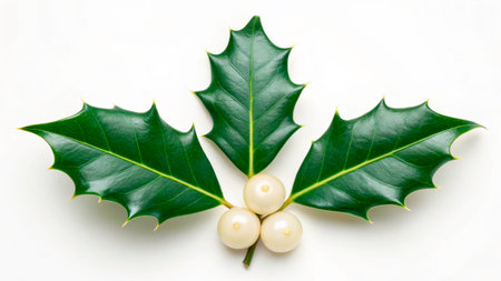 Bright green holly leaves with sharp edges surround three smooth white berries, creating a festive and seasonal arrangement on a clean white background, perfect for holiday decor.の素材
