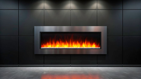 A sleek, modern fireplace with vibrant flames creates a cozy atmosphere in a stylish living area. The black wall and polished floor add elegance to the warm scene.の素材