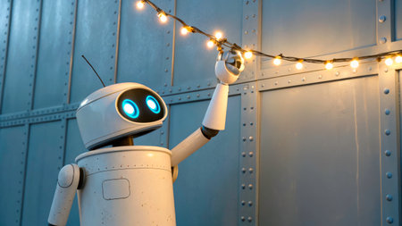 A friendly robot reaches up to hang string lights along a wall in a contemporary space. The scene is illuminated by warm light, creating a cozy atmosphere during the evening.の素材