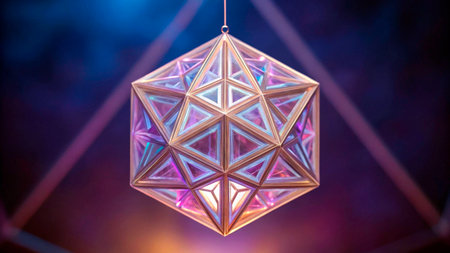 An intricate geometric sculpture hangs in the air, illuminated with colorful lights during an evening art festival. Attendees admire the design, creating a captivating atmosphere and visual delight.の素材