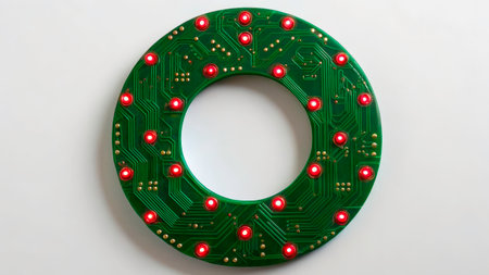 A circular green circuit board features intricate pathways and several illuminated red LED lights. Ideal for enthusiasts working on custom electronics or display designs.の素材