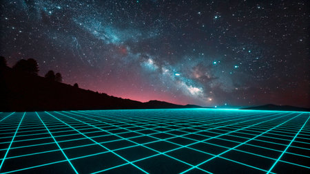 A captivating view of the night sky filled with stars and the Milky Way, set against a futuristic grid landscape. The scene is tranquil and showcases the beauty of the cosmos.の素材
