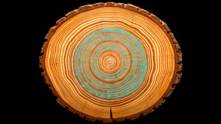 Detailed examination of a tree cross-section shows concentric rings and inscriptions. The wood surface highlights age and growth history with stunning clarity and color contrast.の素材