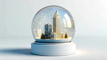 A snow globe displays a detailed winter scene with a city skyline, including tall buildings and pine trees. Snowflakes gently fall inside, creating a festive atmosphere.の素材