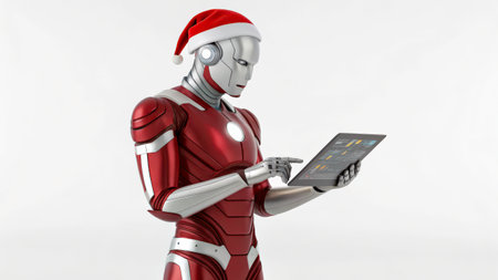 A robot dressed in a Santa hat and red suit checks a tablet while preparing for holiday celebrations. The clean background emphasizes the festive and technological theme of the scene.の素材