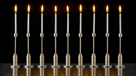 Tall, slim candles stand in sleek holders, their warm flames illuminating the dark background. This serene arrangement creates a peaceful atmosphere for evening gatherings.の素材