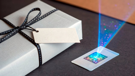 A beautifully wrapped gift box sits on a dark table. Next to it, a holographic card emits vibrant colors and patterns, creating a magical effect. The scene is set in a cozy indoor environment.の素材