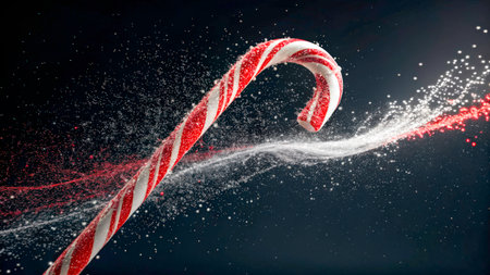 A candy cane twists through the air as it is surrounded by colorful sprays of liquid, creating a festive atmosphere. The scene captures the spirit of celebration during the holiday season.の素材