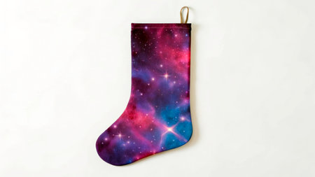 A unique Christmas stocking features a colorful galaxy design with stars and vibrant hues. Perfect for hanging by the fireplace during holiday celebrations to add a cosmic touch to festive decor.の素材