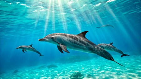 Three dolphins swim smoothly in clear blue ocean water, with sunlight streaming down from above. The scene captures their playful nature as they glide through the underwater landscape.の素材