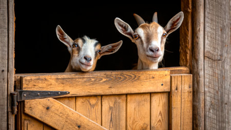 Two goats peek from behind a wooden barn door, their faces full of curiosity. The rustic setting highlights their playful nature, inviting a sense of warmth and charm in the countryside.の素材