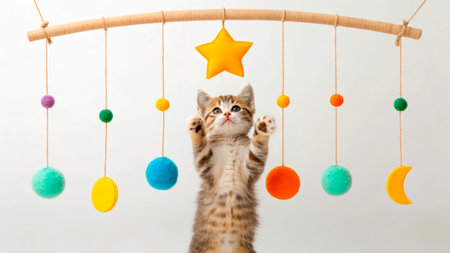 A curious striped kitten stands on its hind legs, stretching its paws towards vibrant, hanging toys. The scene is bright and joyful, showcasing the kitten's playful spirit.の素材