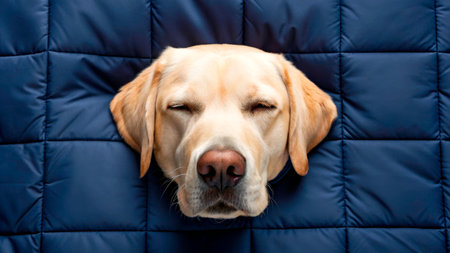 A content dog with closed eyes enjoys a moment of relaxation on a plush blue blanket. The warm atmosphere highlights the dog's peaceful expression and cozy surroundings.の素材