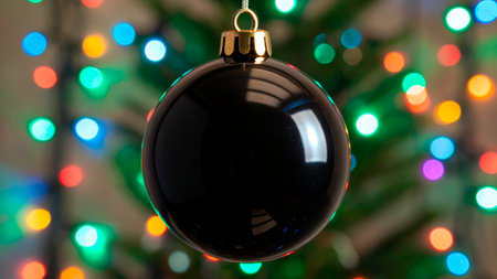 A shiny black ornament dangles from a branch of a decorated Christmas tree. Colorful lights twinkle in the background, adding a festive touch to the holiday atmosphere.の素材