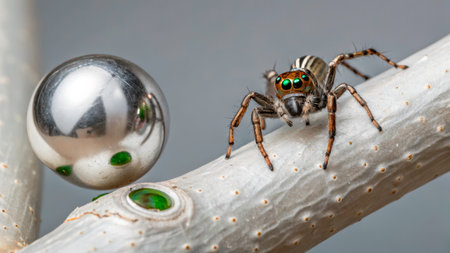 A lively jumping spider explores a smooth, shiny metal ball placed on a branch. The close-up scene showcases the spider's vibrant colors and the ball's reflection in a clear setting.の素材