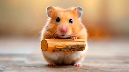 A small, fluffy hamster with orange fur is sitting on a soft surface, clutching a piece of wood. The warm lighting creates a cozy atmosphere, highlighting its adorable features.の素材