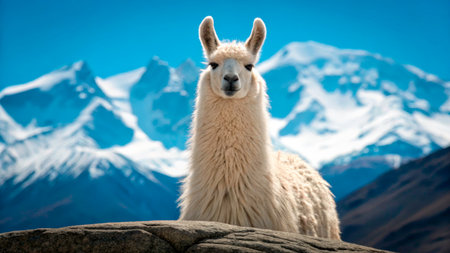 A llama stands on a rocky surface, gazing into the distance. Behind it, the dramatic peaks of snow-covered mountains touch a clear, bright blue sky, showcasing the beauty of nature.の素材