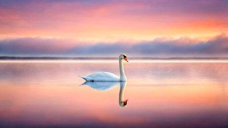 A graceful white swan glides smoothly across tranquil waters as the sun sets. Soft pastels of purple and orange paint the sky, creating a peaceful atmosphere.の素材