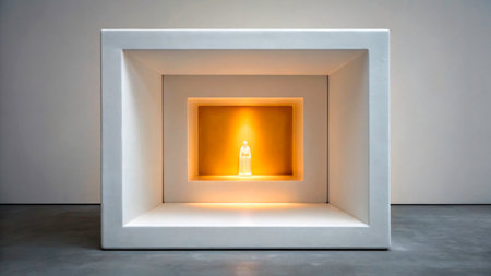 A minimalistic geometric box contains a lit candle at its center, producing a warm glow. The design emphasizes sharp lines and contrasting colors, creating an inviting atmosphere.の素材