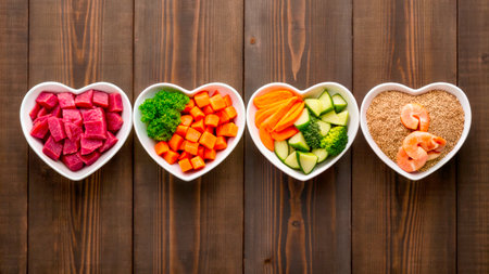 Brightly colored vegetables and shrimp are arranged in heart-shaped bowls on a rustic wooden table. The vibrant display showcases healthy ingredients ready for meal preparation.の素材