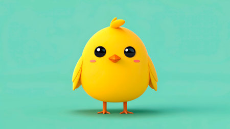 A charming cartoon chick with big eyes and a friendly expression stands confidently on a vibrant teal background, radiating warmth and joy typical of springtime.の素材