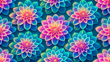 Bright and colorful flowers are arranged in a symmetrical pattern, showing various shades of pink, purple, and blue against a vivid blue backdrop, creating a lively atmosphere.の素材