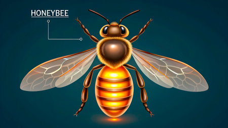 Illustration displays a honeybee with labeled anatomical features. The bee exhibits intricate details, including wings and body segments, against a contrasting background.の素材