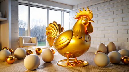 A golden striking rooster stands prominently on a pedestal, surrounded by pristine white eggs. The room features bright natural light streaming through large windows, enhancing the modern decor.の素材