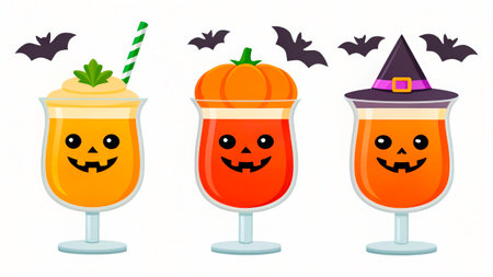 Three vibrant Halloween cocktails showcase unique designs, featuring playful faces, spooky hats, and festive toppings. Perfect for a fun Halloween celebration or party.の素材