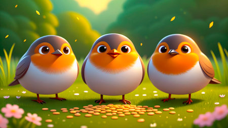 Three charming cartoon birds with orange and gray plumage are gathered in a sunny forest clearing, surrounded by flowers and scattered golden coins, creating a joyful scene.の素材