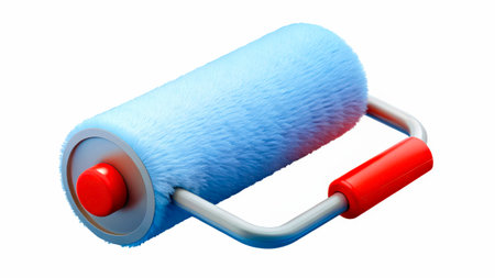 A fluffy blue paint roller with a red handle is displayed, ideal for various painting tasks in home improvement. The design suggests easy grip and smooth application.の素材