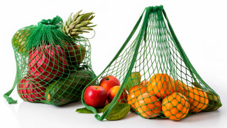 Two reusable mesh bags showcase a vibrant assortment of fresh fruits and vegetables.の素材