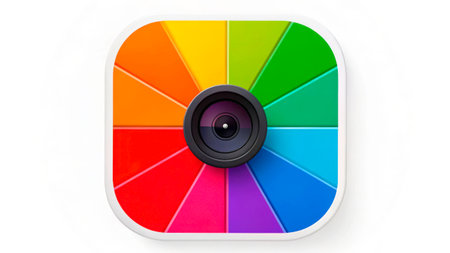 A colorful graphic showcases a circular design with segments in red, orange, yellow, green, blue, and purple, centered around a camera lens, symbolizing artistic expression.の素材