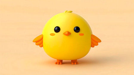 A cheerful yellow cartoon chick with big eyes and orange wings stands on a soft orange background, symbolizing joy and fun during a festive occasion.の素材