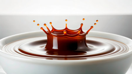 A rich drop of coffee splashes into a white saucer, forming a crown shape. The dynamic moment captures the essence of fluidity and artistry in a warm beverage.の素材