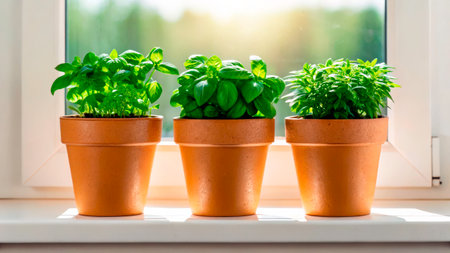 Three vibrant herb plants in terracotta pots are basking in sunlight on a windowsill. The lush green leaves glow, symbolizing growth and freshness during a warm afternoon.の素材