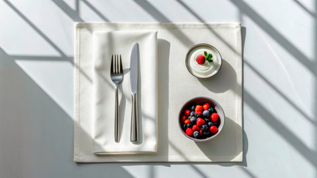 A minimalist breakfast is arranged on a white table, showcasing a bowl of mixed berries, a small dish of yogurt, and cutlery, all enhanced by natural sunlight and shadow play.の素材
