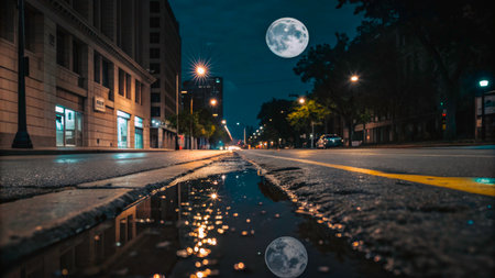 A quiet urban street is illuminated by streetlights and the full moon shines brightly in the night sky. A puddle reflects the moon and the surrounding buildings, creating a peaceful atmosphere.の素材