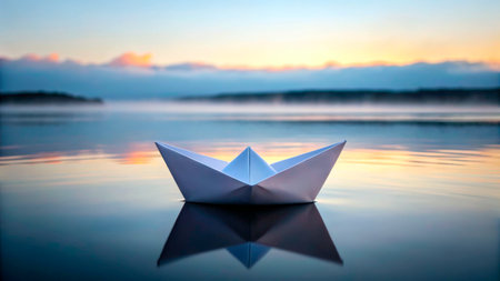 A delicate paper boat glides on the calm surface of a lake during sunset. The vibrant colors of the sky mirror in the water, creating a tranquil atmosphere.の素材